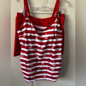 Modlily Tankini Set Tummy Coverage Red White Nautical Anchor Pattern Size XXL